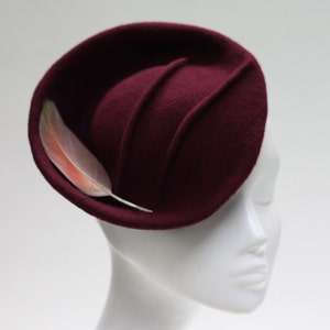 Burgundy Felt Cocktail Hat ''KIRU'' with Pintucks & Feather Mother of the Bride Wedding Guest image 3