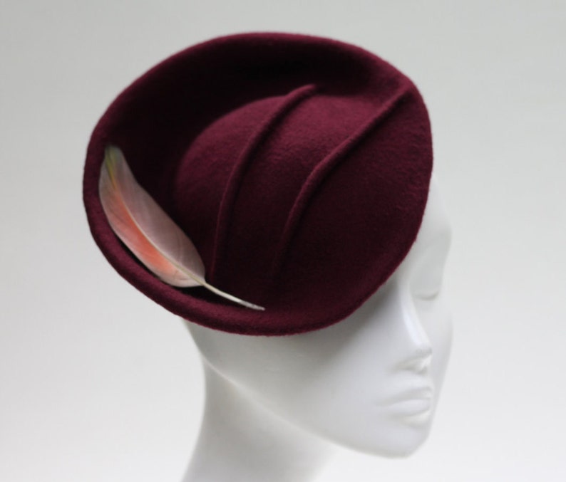 Burgundy Felt Cocktail Hat ''KIRU'' with Pintucks & Feather Mother of the Bride Wedding Guest image 3