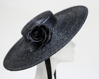 Black Straw Boater ''NOIR NOIR''with Wide Brim & Silk Rose - Weddings - Royal Ascot Enclosure - Kentucky Derby