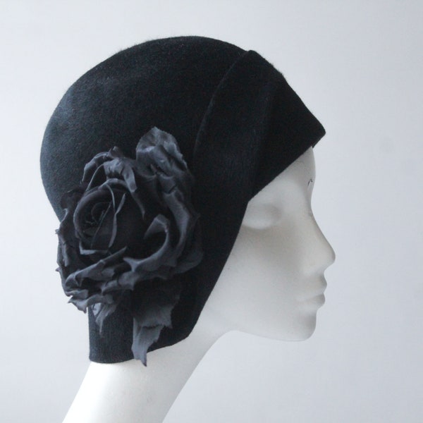 Black Felt Cloche Hat ''ANAIS'' with Silk Rose - Evening Hat - Formal Invitation - Special Event