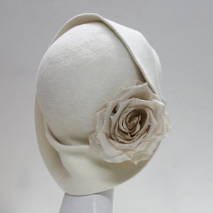 ANAIS Ivory Cloche Hat with Opulent Silk Rose, for Royal Ascot, Kentucky Derby, Mother of the Bride