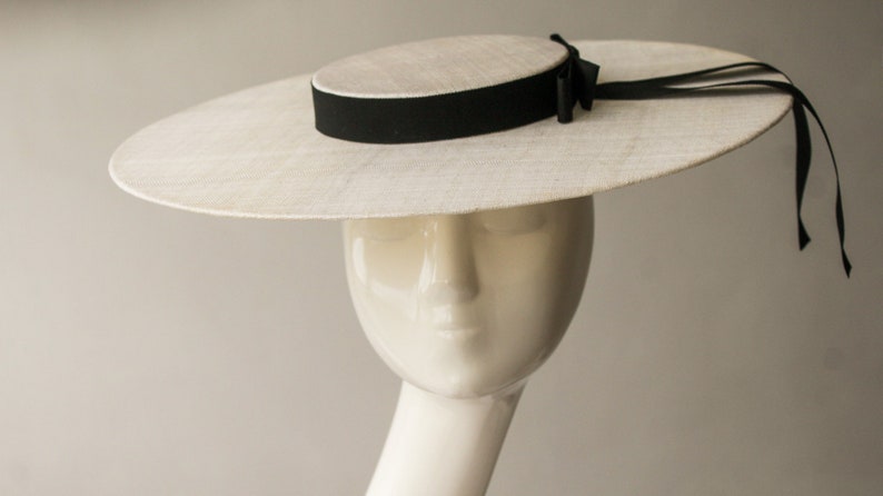 Ivory Straw Boater ''REGENT'' Hat with Grosgrain Ribbon Mother of the Bride Royal Ascot Races Kentucky Derby Hat image 3