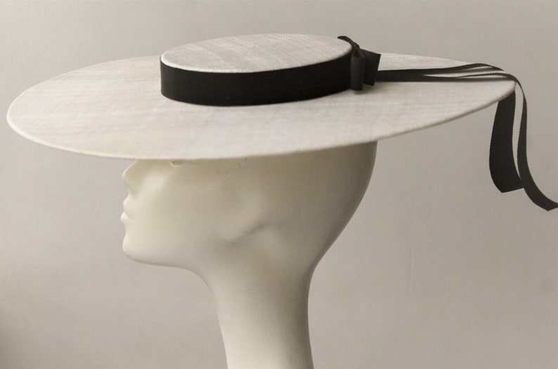 Ivory Straw Boater ''REGENT'' Hat with Grosgrain Ribbon Mother of the Bride Royal Ascot Races Kentucky Derby Hat image 2