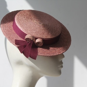 Rose Pink Straw Boater ''MONROSE'' Hat with Unique Scroll Detail - Weddings - Ascot Races Hat - Ladies Derby Hat