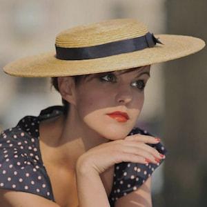 LADY LONDON Fine Straw Boater Hat with Broad Brim & Navy Ribbon Trim