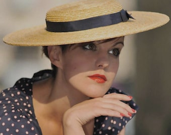 Natural Straw Boater ''LADY LONDON'' with Navy Ribbon Ties - Weddings - Ladies Royal Ascot Hat - Kentucky Derby