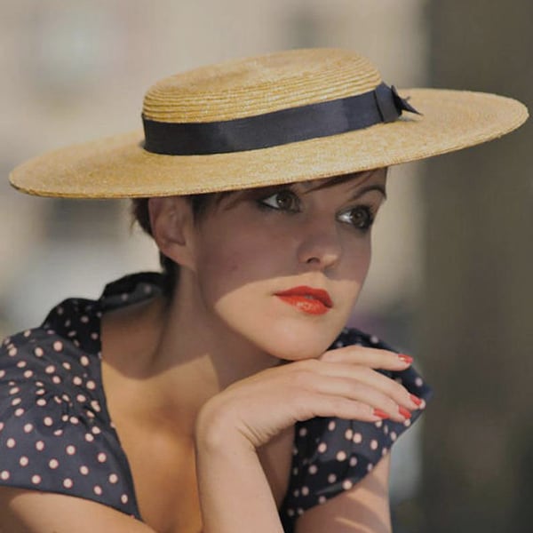 LADY LONDON Fine Straw Boater Hat with Broad Brim & Navy Ribbon Trim