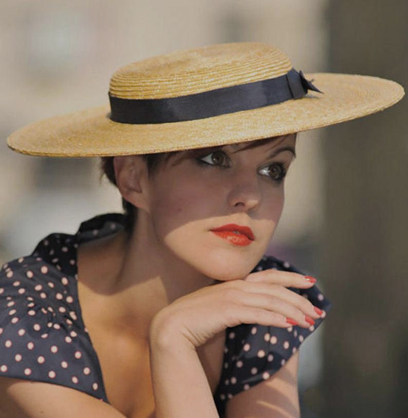 Natural Straw Boater ''LADY LONDON'' with Navy Ribbon Ties Weddings Ladies Royal Ascot Hat Kentucky Derby image 1