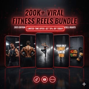 Può includere: Annuncio digitale per un pacchetto di reel di fitness. L'immagine presenta cinque smartphone che mostrano contenuti relativi al fitness, tra cui dimostrazioni di allenamento e citazioni motivazionali. Il testo recita "200K+ VIRAL FITNESS REELS BUNDLE".