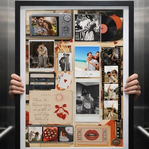 Könnte beinhalten: Ein gerahmtes Collage mit Fotos, einer Vintage-Kamera, einer Kassette und Postkarten. Die Collage enthält Bilder von Paaren, Herzen und den Text "Happy Valentine's Day". Das Thema ist Romantik und Erinnerungen.