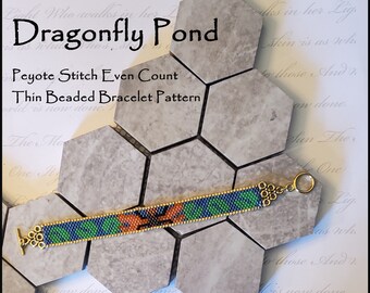 Dragonfly over Lily Pond thin bracelet pattern even count peyote stitch straight border damselfly odonata