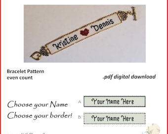 Custom Valentine or Wedding Couples Name Your Name Here Bracelet pdf. pattern even count peyote stitch straight border