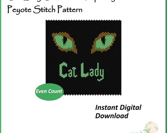 Cat Lady Cat's Eyes Green peyote stitch beaded coaster pattern even count pdf instant file download