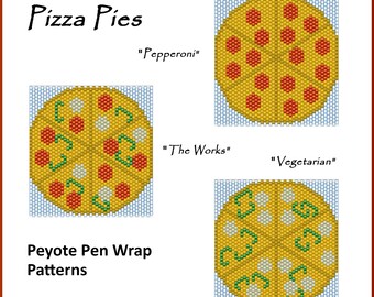 Peyote Stitch Pizza Pie Pendant Necklaces pdf. pattern Pepperoni Green Peppers Mushrooms Cheese