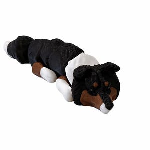 May include: A plush dog toy in a lying down position. The toy features a black and white body with brown and white accents. The dog's head is black and brown with white markings.