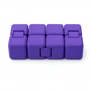 May include: A purple fidget toy composed of eight connected cubes. Each cube has a rounded top and is connected to its neighbor by a hinge. The toy is designed to be manipulated and played with, offering a tactile experience.