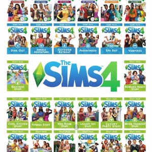 Pode incluir: Uma coleção de pacotes de jogo e pacotes de objetos do The Sims 4, com vários temas e expansões. Os pacotes incluem títulos como "Vida na Cidade", "Ao Trabalho!", "As Quatro Estações" e "Dia de Spa", com ilustrações coloridas.