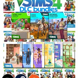 Pode incluir: Imagem promocional dos pacotes DLC de The Sims 4. A imagem apresenta vários pacotes de jogos e pacotes de expansão, incluindo "Home Chef Hustle", "Horse Ranch" e "Growing Together". O logotipo do The Sims 4 é proeminente, juntamente com os logotipos da EA e Steam.
