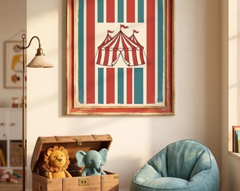 Funhaus Vintage Circus Tent Downloadable Printable Wall Art | Retro Red Blue Circus Poster | Nursery Playroom Digital Download