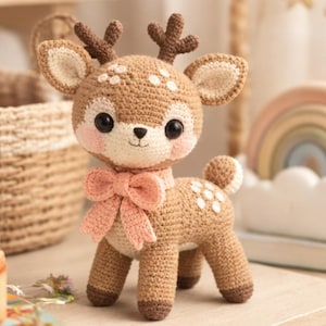 May include: A crocheted deer figurine in shades of brown, cream, and pink. The deer has large black eyes, pink cheeks, and a pink bow around its neck. White spots adorn its body. The deer is standing on a wooden surface.