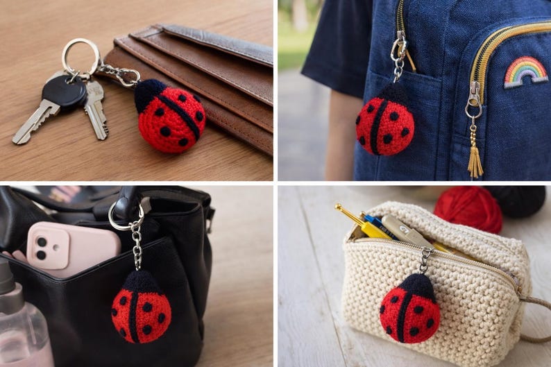 Op de afbeelding: Een rood en zwart gehaakte lieveheersbeestje sleutelhanger. De sleutelhanger is bevestigd aan sleutels, een portemonnee, een rugzak en een handtas. Het lieveheersbeestje heeft zwarte stippen en een zwarte kop. Een decoratief accessoire.