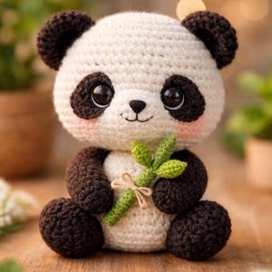 May include: A handmade crochet panda bear with a white body, black accents, and a green bamboo sprig. The panda has large, expressive eyes and rosy cheeks. The bear is sitting on a wooden surface.