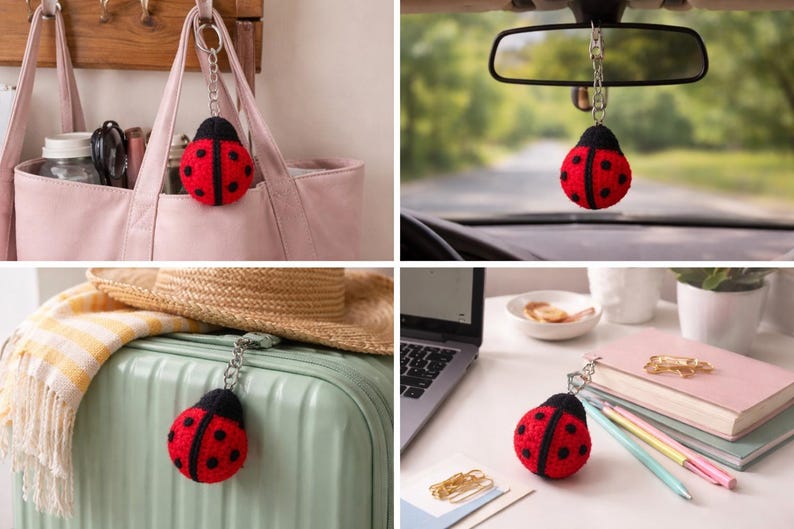 Op de afbeelding: Een rood-zwarte lieveheersbeestjessleutelhanger met een zilveren ketting. De sleutelhanger wordt in verschillende omgevingen getoond, waaronder hangend aan een handtas, een autospiegel, een koffer en op een bureau. Het lieveheersbeestje heeft zwarte stippen.