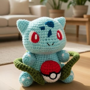 Könnte beinhalten: Gehäkeltes Bulbasaur-Plüschtier in Hellblau mit roten und weißen Akzenten. Das Spielzeug hat eine grüne, rankenartige Struktur und einen rot-weißen Pokeball. Das Plüschtier sitzt auf einem Holzboden.