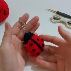 Op de afbeelding: Een handgemaakte rode en zwarte lieveheersbeestje sleutelhanger. Het lieveheersbeestje is gehaakt met zwarte stippen en een zwarte kop. Een haaknaald, schaar en bollen rood en zwart garen zijn ook zichtbaar.