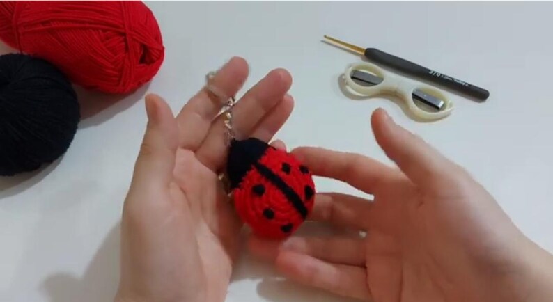 Op de afbeelding: Een handgemaakte rode en zwarte lieveheersbeestje sleutelhanger. Het lieveheersbeestje is gehaakt met zwarte stippen en een zwarte kop. Een haaknaald, schaar en bollen rood en zwart garen zijn ook zichtbaar.
