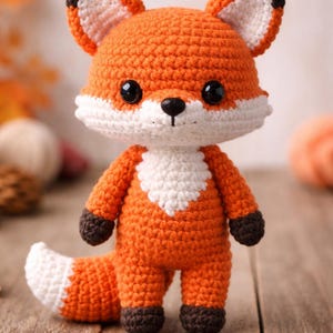 Puede incluir: Un muñeco de zorro de ganchillo hecho a mano en naranja, blanco y marrón. El zorro tiene grandes ojos negros, un pecho blanco y una cola con punta blanca. Las orejas y los pies son marrones. El muñeco está sobre una superficie de madera.