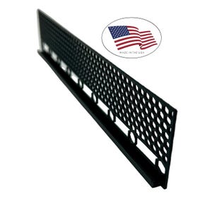 May include: Black, perforated metal edging with a slotted design. The product is angled, showing a detailed view of the holes and the overall shape. An oval graphic with the American flag and the text "MADE IN THE USA" is in the background.