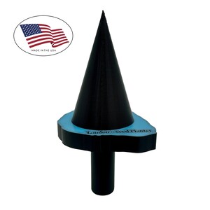 May include: A black seed planter with a conical top and a light blue base. The base has the text "Landon's Seed Planter". The image also includes a circular graphic with the American flag and the text "Made in the USA".