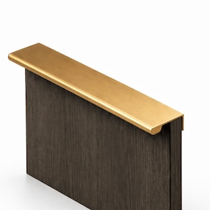 Puede incluir: Un tirador de armario rectangular de color dorado está montado en una puerta de armario de madera marrón oscuro. El tirador tiene una superficie plana y lisa y un ligero voladizo. La veta de la madera es visible.