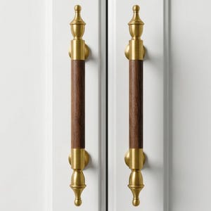 Walnut and Brass Cabinet Pulls, 128mm Wood Vanity Handles for Spa Bathroom