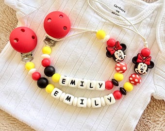 Custom Minnie Mouse Pacifier Clip, Personalized Name Baby Holder, Baby Shower Gift