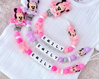 Benutzerdefinierte Minnie Maus Schnullerkette, personalisierte Baby Name Halter, Baby-Dusche-Geschenk