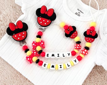 Custom Minnie Mouse Pacifier Clip, Personalized Baby Holder, Baby Shower Gift