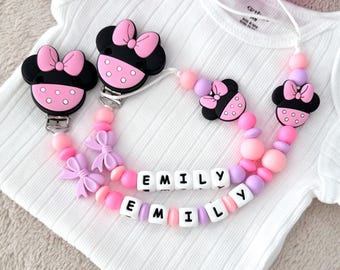 Custom Minnie Mouse Pacifier Clip, Personalized Name Baby Holder, Baby Shower Gift for Girls