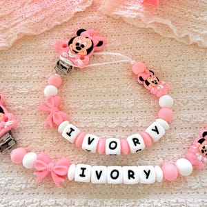 Clip para chupete personalizado de Minnie Mouse, portachupetes personalizado con el nombre del bebé, regalo para baby shower