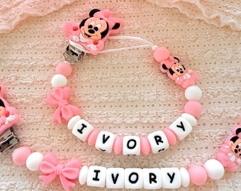 おしゃぶりクリップ ディズニー ミニーマウス パーソナライズ 、新生児 誕生日 赤ちゃん ギフトアイデア