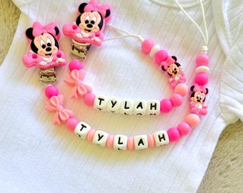 Custom Minnie Mouse Pacifier Clip, Personalized Name Baby Holder, Baby Shower Gift for Girls