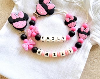 Custom Pacifier Clip Minnie Mouse, Personalized Name Baby Girl Holder, Baby Shower Gift