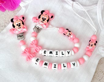 Benutzerdefinierte Minnie Maus Schnullerkette, personalisierte Baby Name Halter, Baby-Dusche-Geschenk