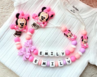 Custom Pacifier Clip Minnie Mouse,Personalized Name Dummy Clip,Baby Shower Gift for Girl