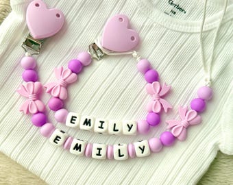Personalized Bow Dummy Clip,Custom Pacifier Clip,Gift ideas Newborn Birthday Baby Girl