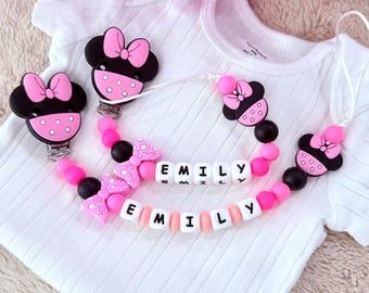Custom Minnie Mouse Pacifier Clip, Personalized Name Baby Holder, Baby Shower Gift for Girls