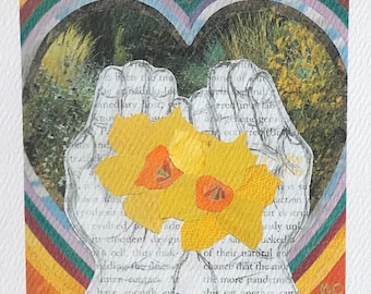 Daffodil Flowers in Child’s Hands Art Card Collage Print 5x7