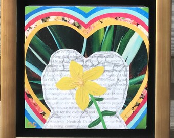 Hands with Yellow Flower Original Fine Art Framed mixed media Collage  6”x6”