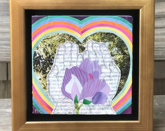 Hands with Purple Flowers Original Fine Art Framed mixed media Collage  6”x6”